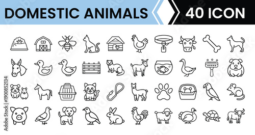 Outline Domestic Animal Icon Set in Line Art Style for Pets, Farm Animals, and Digital Interface Design
