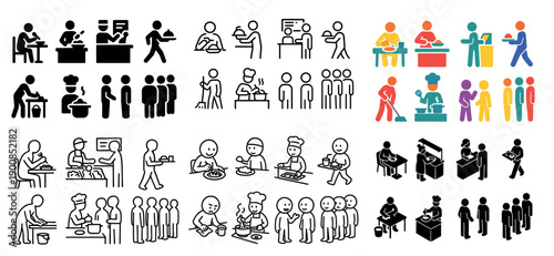 Diverse stick figure scenes in various activities