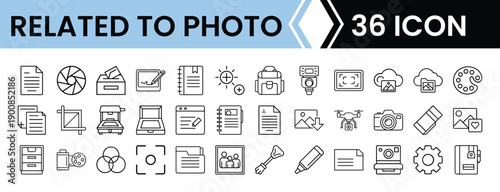 Photography Outline Icon Set in Line Art Style for Camera, Photo Editing, and Digital Interface Design