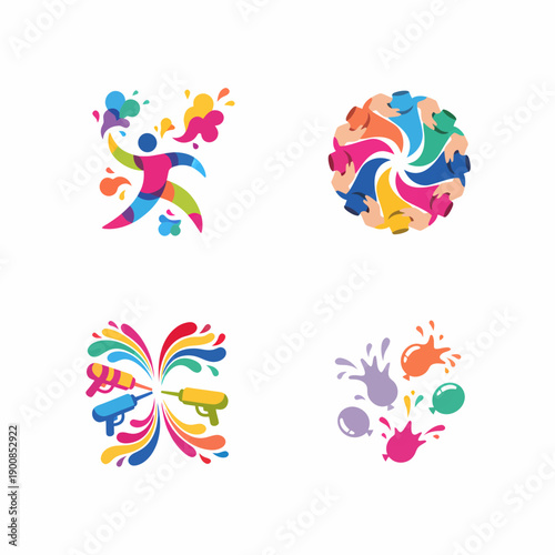 Holi Festival Icons: Celebration, Water Guns, Colors, People, Fun