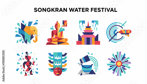 Songkran Water Festival Icons: Elephant, Buddha, Temple, Water Gun, Fun