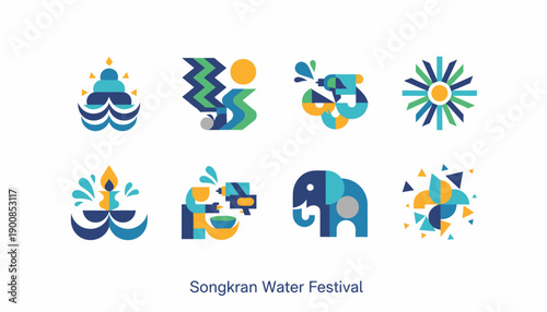 Songkran Water Festival Icons: Elephant, Water Gun, Splash, Abstract