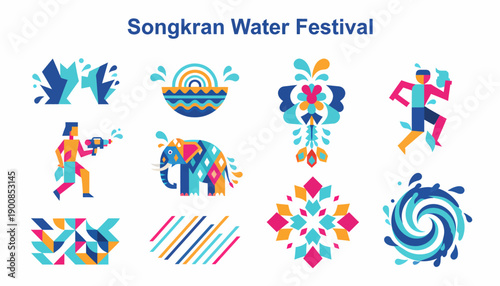Songkran Water Festival Icons: Elephant, People, Splashes, Geometric Patterns