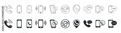 Phone call and chat icons set, mobile communication contact support symbols, black flat vector illustration on transparent background