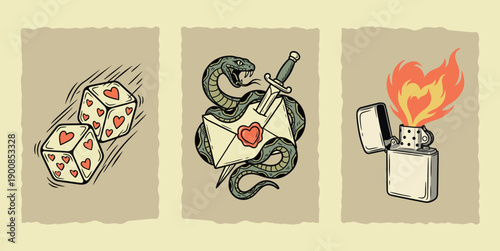 Traditional Tattoo Style Love illustration Set: Valentines Dice, Snake Dagger Letter, and Heart Flame Lighter
