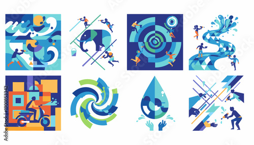 Abstract Water Festival Splash Fun Vector Illustrations Set
