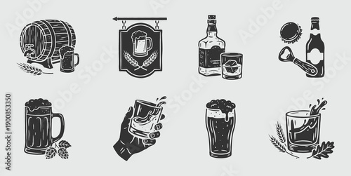 Vintage Beer and Whiskey Icons Collection. Bar, Pub, and Distillery Black and White Vector Logos
