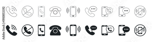 Phone icon set, contact us symbol, telephone call sign, mobile chat bubble, ringing cell phone pictogram, clean vector illustration for UI design on transparent background