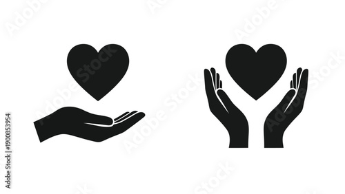 Black silhouette icons of hands holding and presenting a heart symbol design