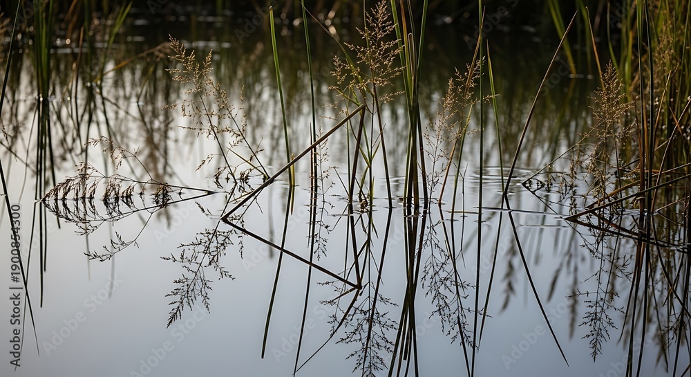 Obraz premium Reeds Reflecting in Calm Water with Serene Natural Surroundings