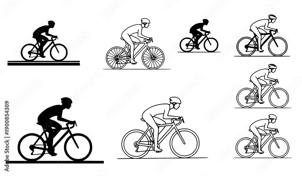 Obraz premium Bicycle silhouettes and editable line cycling icons vector set