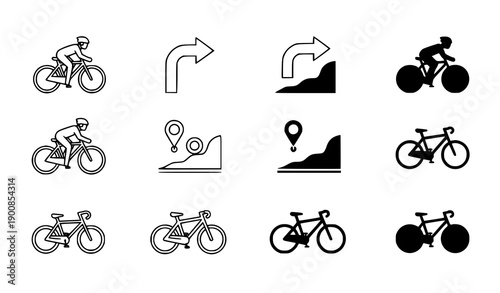Cycling bike symbols and rider silhouettes editable stroke icons