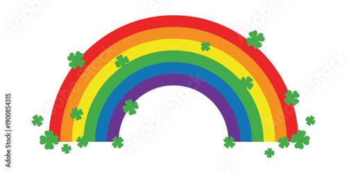 A vibrant rainbow illustration adorned with shamrocks on a white background viewed from a straightforward perspective