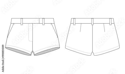 Vector fashion technical drawing of a short shorts with front and back view. Hidden closure. Side slant pockets. Back darts. Belt loops. Woven fabric.