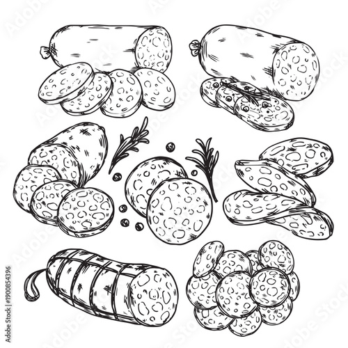 Set of hand drawn deli meat salami sausage outline drawing illustration
