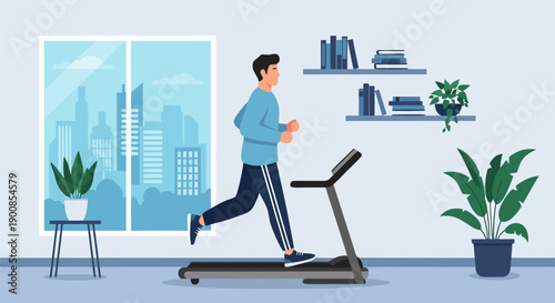 Illustration of a man running on a treadmill in a modern apartment, vector art