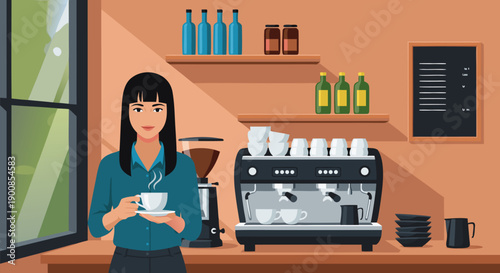 Vector illustration of a barista holding a cup of coffee in a cafe with espresso machine and shelves of bottles