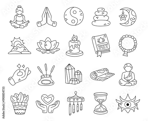 Spiritual meditation set in outline line art featuring mindfulness practices symbols objects rituals balance awareness harmony yoga nature spirituality time protection