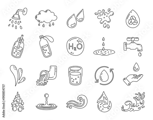 Fresh water set in outline line art featuring shower rain cloud drops splash recycle bottle straw faucet drain glass circulation wave
