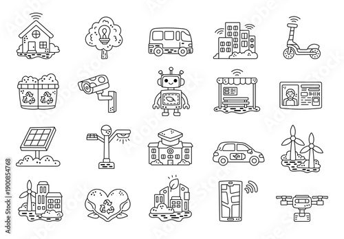 City technology set in outline line art smart urban infrastructure transport energy buildings mobility recycling robotics solar wind housing education