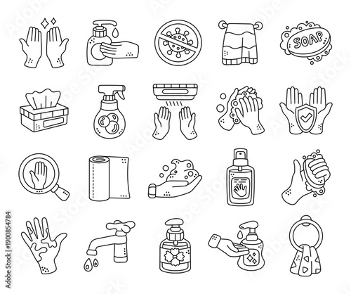 Hand hygiene set in outline line art featuring clean washing tools protection soap towels sanitizer faucet dryer care routine safety health