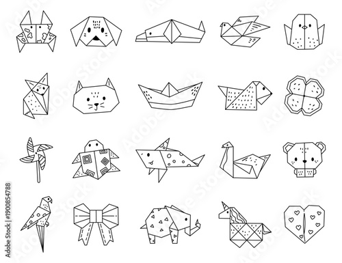 Origami set in outline line art featuring paper creatures animal figure paper folding craft creatures toys plant heart boat bird mammal