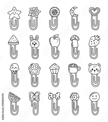 Paper clip set in outline line art featuring stationery decoration animal food sweet office school organizer supply for your creative design projects