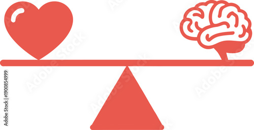 A red heart and a red brain are perfectly balanced on a red scale, symbolizing the equilibrium between emotion and logic or intellect.