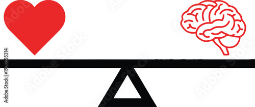 A balanced scale with a red heart on one side and a red outline of a brain on the other, symbolizing the equilibrium between emotion and logic.