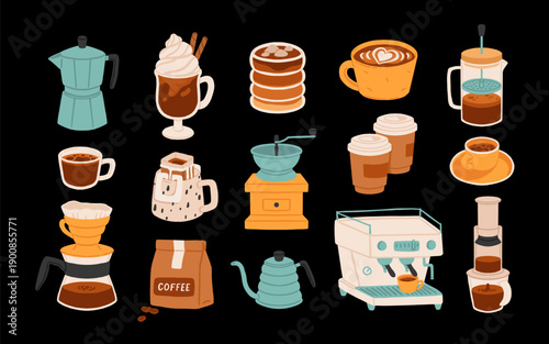 Pour over coffee and espresso brewing elements set for web and print. Modern vector elements featuring espresso machine, aeropress, and coffee tools ideal for web banners, blogs, and cafe materials.