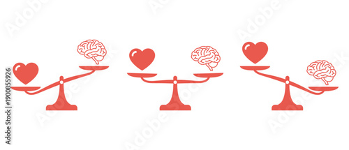 Three red scales illustrating the balance, imbalance, and comparison between heart (emotion) and brain (logic or reason) on a white background.