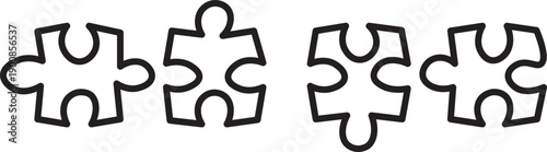 collection of eight black jigsaw puzzle pieces. arranged in a row on a white background