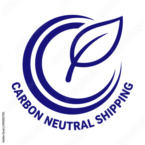 Close-up view of a blue eco-friendly logo featuring a leaf and carbon shipping symbol on white background