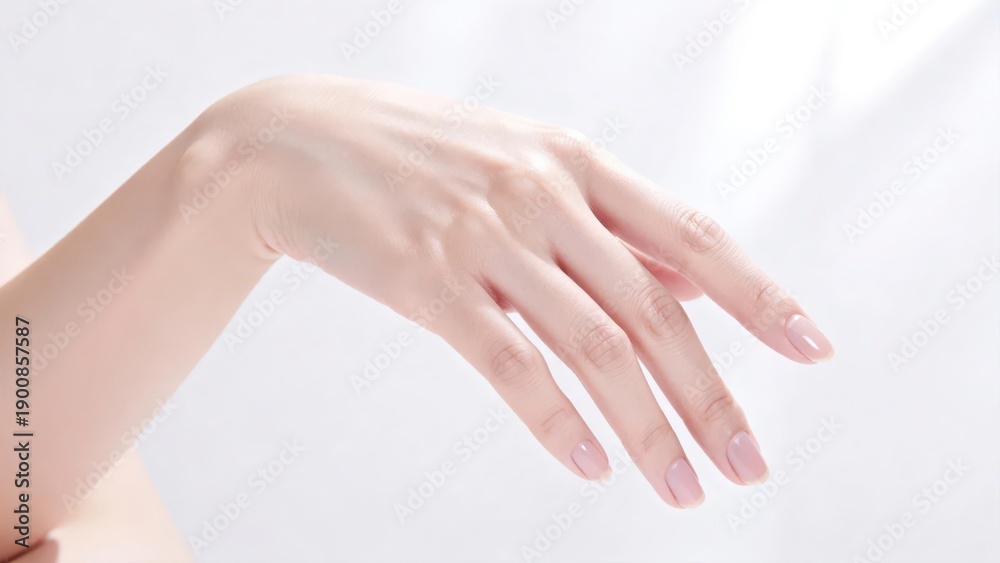 Naklejka premium A close-up of hands with delicate texture and soft luster, paired with light nude nail polish, showing an exquisite and elegant hand state, making it a material image suitable for beauty, nail art, an