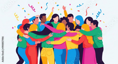 Diverse Group of People Celebrating Together with Colorful Confetti