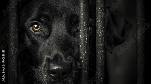 A dog with sad eyes looks out from behind the bars of a shelter or pet kennel, with hopes of adoption. Shelter, foster care or animal rescue center