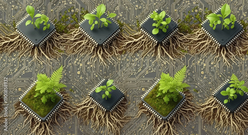 Microchips with green plants growing out of them on circuit board background