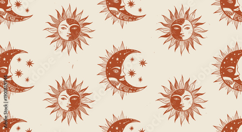 Vibrant celestial pattern with suns and moons on beige background