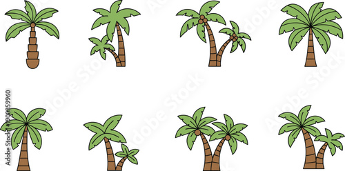 Palm tree illustration set, tropical coconut palm collection, cartoon flat greenery icons, summer beach jungle nature vector design elements