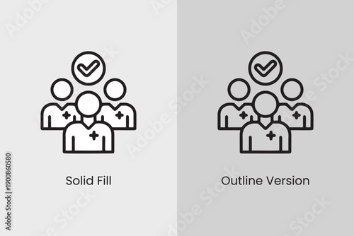 Medical team approved group icon set with solid fill and outline versions