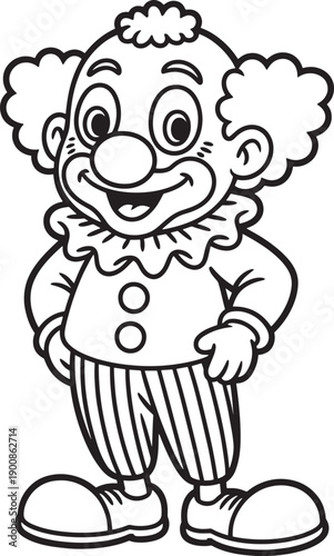 Black and White Cartoon Clown Illustration with Cheerful Expression