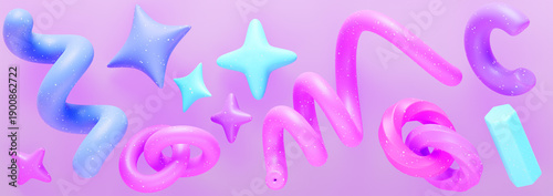 Vibrant colorful 3D spiral lines, inflatable stars, wavy chain links, pink blue geometric shapes with white dot texture on background. Abstract playful design elements for modern art. 3D illustration