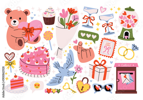 Set of romantic stickers for Valentine's Day in cartoon style. Love, infatuation, passion, heart, cake, cupcake, key, lock, dove with flower, flower bouquet, mailbox, love letter, teddy bear, etc. 
