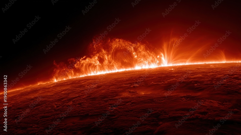 Fototapeta premium Powerful solar flares and plasma prominences burst violently from the Sun's glowing red surface into the darkness of space. Hot gases create fiery arcs above the star