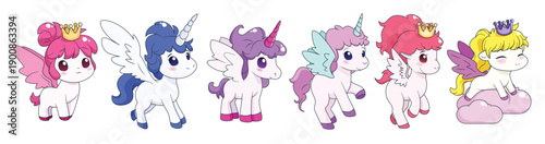bundle with cute cartoon unicorn and pony isolated 