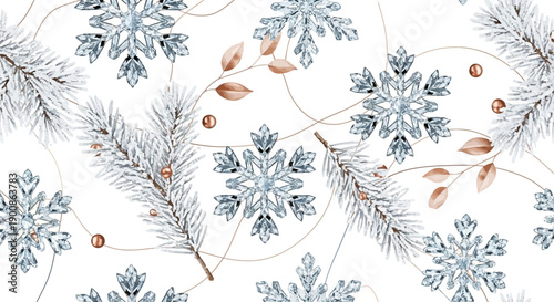 Elegant winter wonderland scene with snowflakes and frosted pine branches