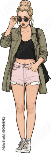 Trendy Casual Streetwear Illustration with Crop Top and Shorts