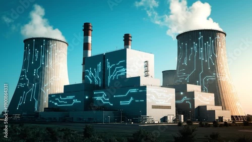 Industrial power plant featuring digital technology circuits integrated into the cooling towers depicting Smart Grid infrastructure
