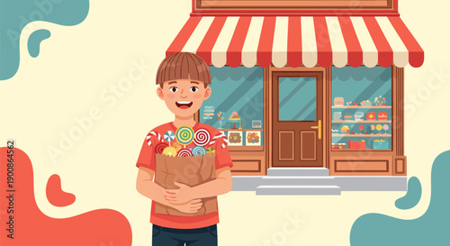 Happy young boy holding a shopping bag full of sweets and candy in front of a candy store, vector illustration
