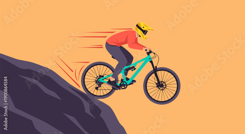 Vector illustration of a person mountain biking downhill on a steep rocky slope, active lifestyle